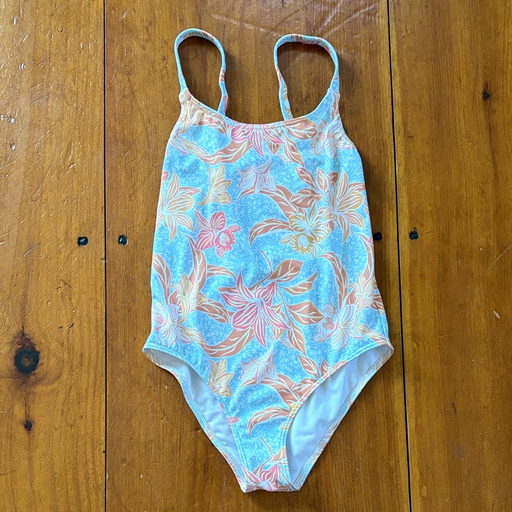 Roxy Girls Light Blue & Peach Floral One-Piece Swimsuit